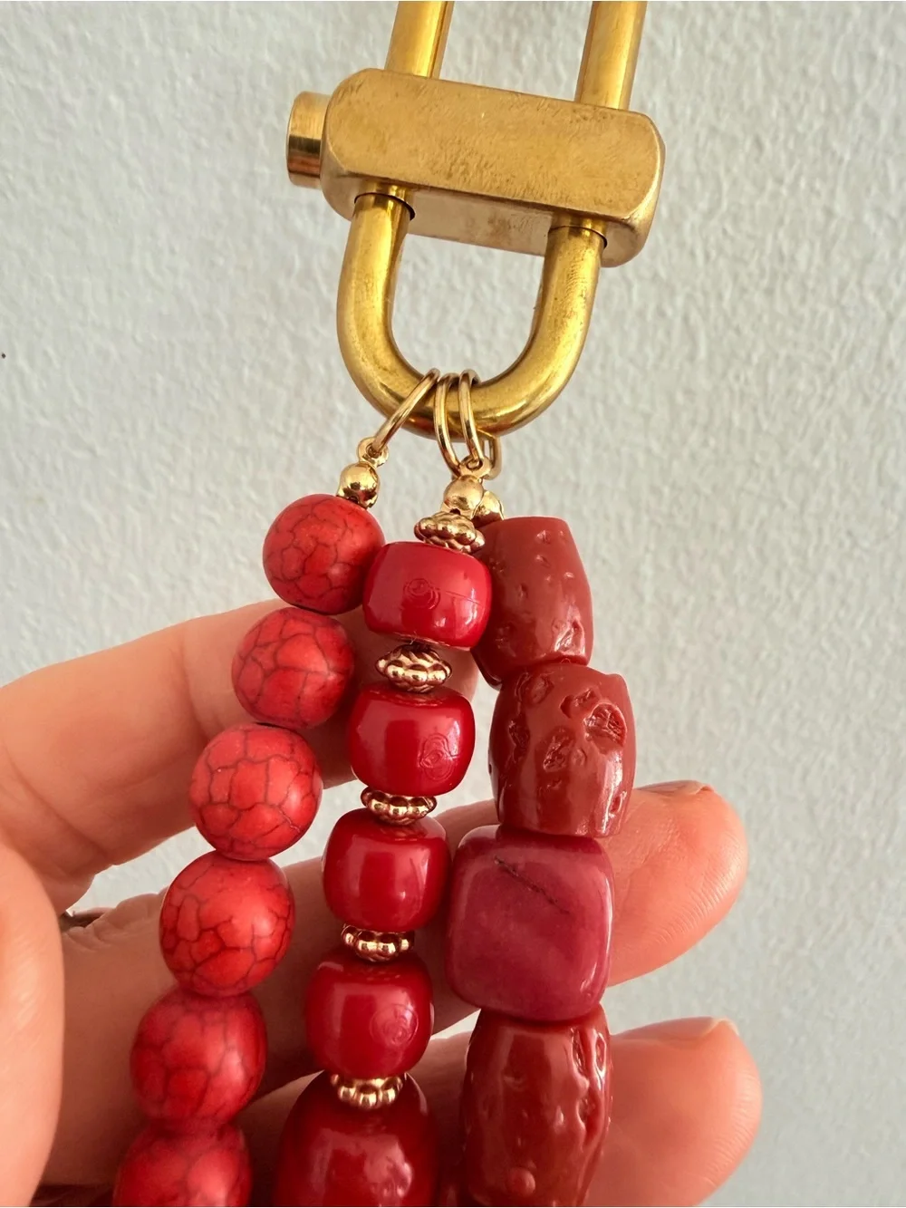 Free People Prismatic Beaded Bag Charm Keychain Red Semi Precious & Brass Clasp